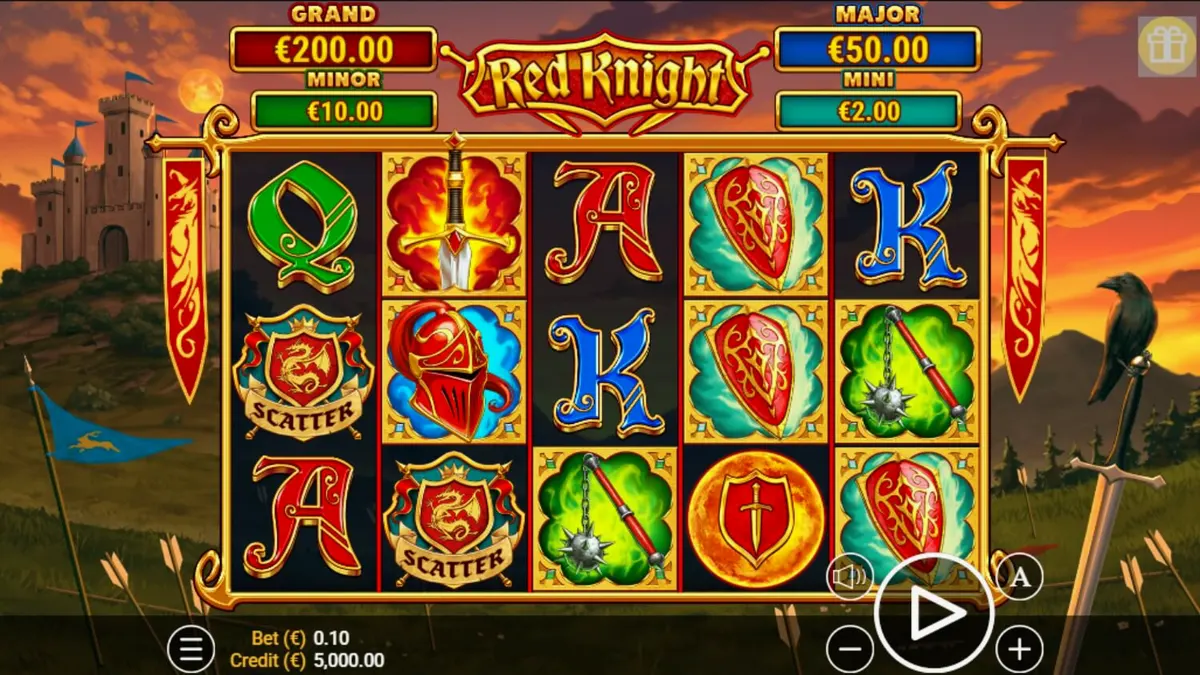 Tampilan visual slot Red Knight dengan tema ksatria dan api