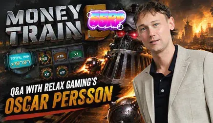 Tampilan visual kereta api dan karakter dalam permainan slot Money Train 5