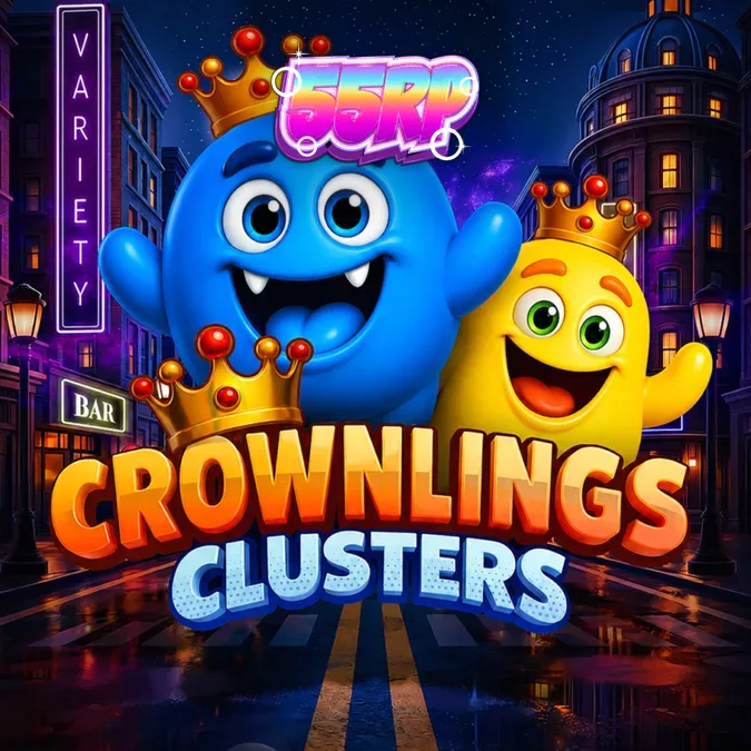 Tampilan grid 5x5 yang penuh warna dalam slot Crownlings Clusters dengan animasi kaskade yang aktif.